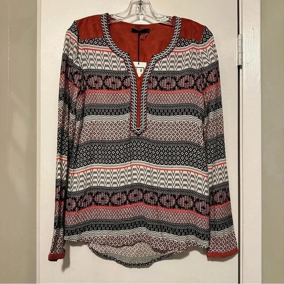 NWT THML Mixed Print Blouse Orange Suede Accents Long sleeve size S - Picture 1 of 8